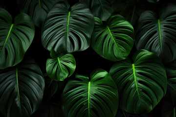 Fototapeta na wymiar Close-up of Green Leaves on a Black Background. Generative Ai