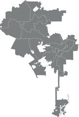 Gray flat vector administrative map of LOS ANGELES CITY COUNCILS, UNITED STATES with white border lines of its cities