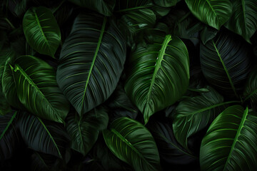 Close-up of Green Leaves on a Black Background. Generative Ai