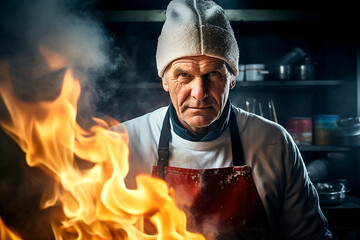 Old man from Antarctica cooking in the kitchen, IA generativa