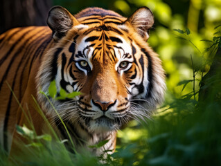 Fototapeta premium The fierce focus of a tiger in the wild, its stripes and eyes telling a story of survival.