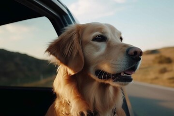 Happy dog on the car window summer vacation travel