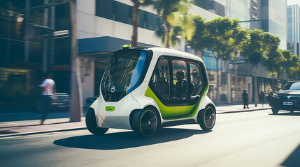 Electric Mini Mobility Vehicles Self-Driving on a City Street with Passengers, Smart Public Transport, AI Powered Shared Car, Futuristic Taxi, Green Mini Bus, Sustainable City Planning - obrazy, fototapety, plakaty
