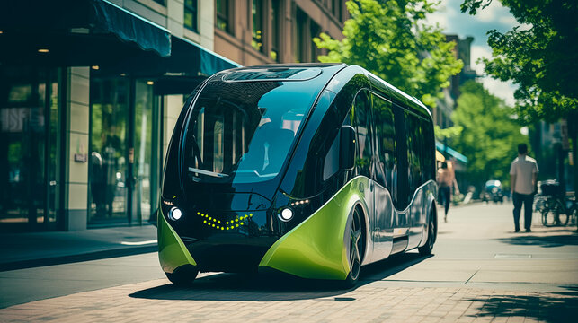 Futuristic Self-Driving Bus on a City Street, Smart Public Transport, Green Urban Mobility, Sustainable City, Adaptive AI Powered Commuting, Autonomous Taxi Cab - Powered by Adobe