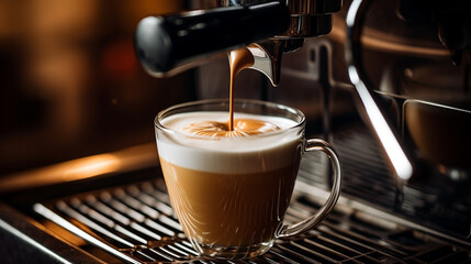 Pouring premium coffee in to a cup from the cappuccino machine  