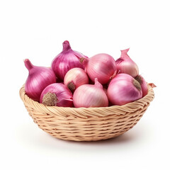 Obraz na płótnie Canvas Straw basket of red onion isolated on white background