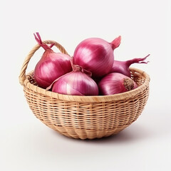 Straw basket of red onion isolated on white background