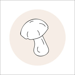 Mushroom line icon black outline in circle. Vector illustration isolated boletus in doodle style.