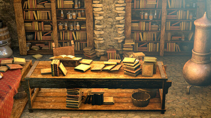 A medieval room full of antique books, 3D illustration