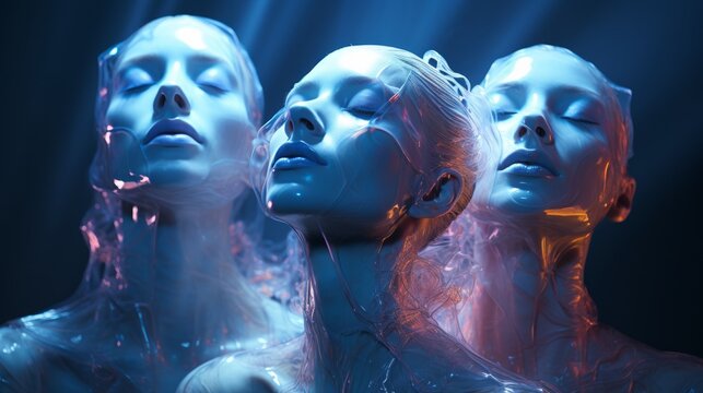 Frozen in time, a collection of ethereal statues embodying the essence of womanhood, their plastic heads a symbol of society's obsession with perfection and art's power to immortalize