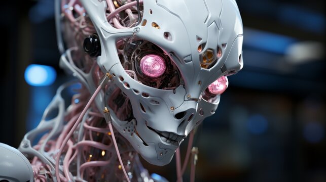 A metallic skull peeks through a haunting mask, its cold gaze reflecting a world of robotic emotion and mechanical madness