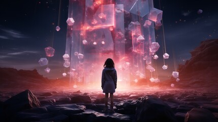 A image captures the ethereal beauty of an anime girl, her delicate form standing before a magnificent crystal structure that reflects her vibrant spirit and endless possibilities
