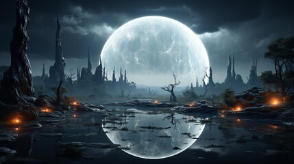 A mesmerizing moon casts its spell over a mystical swamp, bathing the wild landscape in ethereal...
