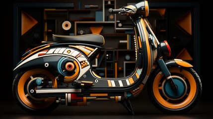 A sleek chopper with a fiery orange frame and a midnight black tire is parked indoors, its powerful motorbike engine purring as it awaits its next wild adventure - obrazy, fototapety, plakaty