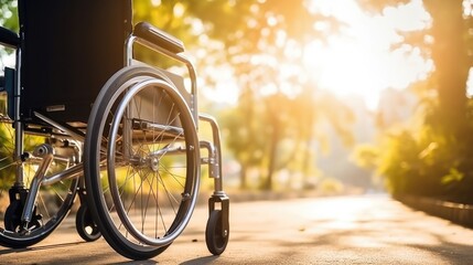 An empty wheelchair in a garde or park, backlight AI generated image - Powered by Adobe