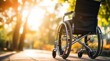 Obraz premium An empty wheelchair in a garde or park, backlight AI generated image