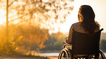 Young beautiful woman on a wheelchair, view from behind, backlight, AI generated - Powered by Adobe