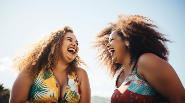 Two plus size woman in bikini laughing, AI generated