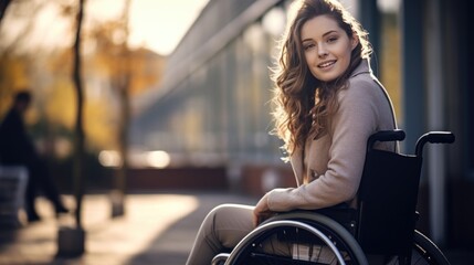 Young beautiful woman on a wheelchair outdoors, AI generated - obrazy, fototapety, plakaty