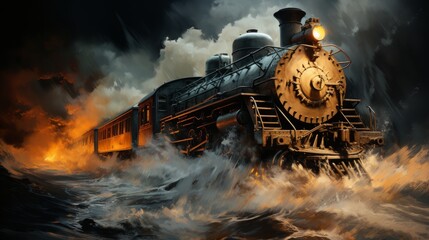 A billowing cloud of smoke engulfs the steaming locomotive as it charges down the stormy outdoor track, a wild and powerful force of steel and steam