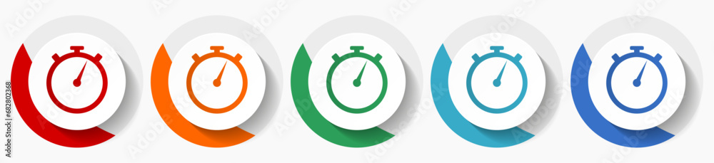 Poster stopwatch vector icon set, flat design colorful round icons in 5 color options for webdesign and mobile applications