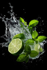 A splash of water with limes and mint leaves. Generative Ai