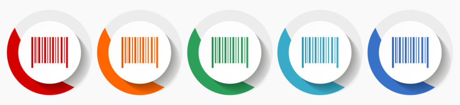 Barcode vector icon set, flat design colorful round icons in 5 color options for webdesign and mobile applications