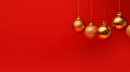 Golden Christmas balls, close-up, red background, empty space. New Year's decor. Place for text