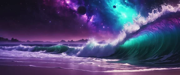 Poster Alien beach landscape with ocean waves and nebulae planets sky © KarlitoArt