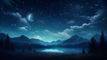 Tranquil Scene: Moonlit Mountain Range in Dark Forest with Starry Sky generated by AI tool