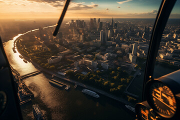 View from a helicopter of the evening metropolis.