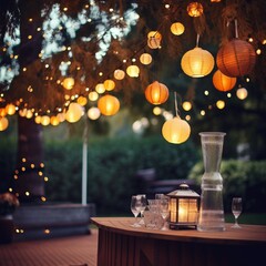 Ambient Glow: Illuminated Tree and Candle Decoration on Wooden Table generated by AI tool