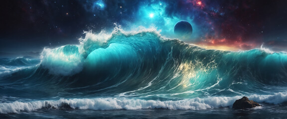 Alien beach landscape with ocean waves and nebulae planets sky