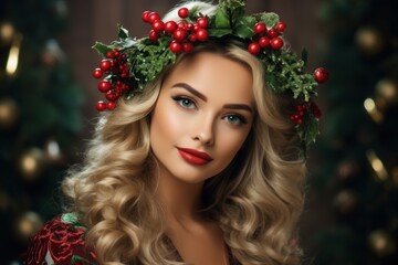 Holiday Cheer Personified: Radiant Blonde Woman with Holly Wreath Tiara on Vibrant Green Backdrop