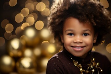 A Heartwarming Christmas Scene: Smiling Dark-skinned Child Clutching Sleigh Bells Against a Glistening Golden Backdrop