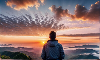 Obraz premium A beautiful sunrise view and a man's back view of the sunrise. Generative AI