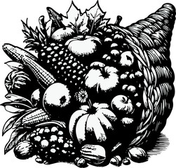Black and white vintage old-style classic cornucopia ideal for Thanksgiving day - obrazy, fototapety, plakaty