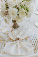Organization decoration of celebrations.Vertical image of fragment of guest place of wedding table .