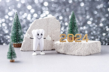 cartoon model of a tooth, the numbers 2024 on a podium made of stone and Christmas trees on a...