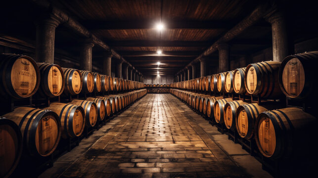 Rows of wine barrels in wine-vaults in order. Cellar with French barrique wine casks. Generative AI