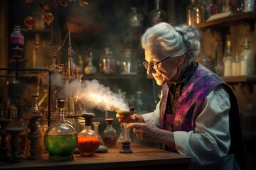 Weathered Old chemist woman in old laboratory. Light in old window. Generate Ai
