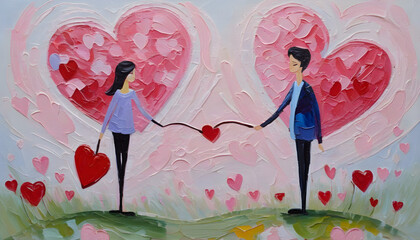 Saint Valentines day postcard. Happy couple with hearts.