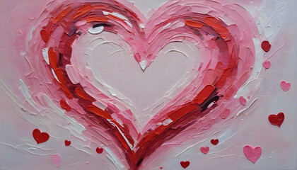 Painting of pink heart. Saint Valentines day postcard.