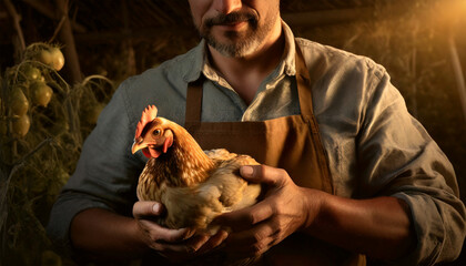 Portrait of a smiling male farmer holding a beautiful chicken, inside a dark chicken coop with sunlight at dawn. Concept of animal welfare, pride and care.