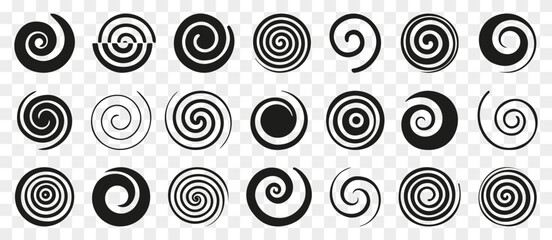 Funnel or swirl icons. Black vortex logo. Set of spiral element. Funnel icon collection - obrazy, fototapety, plakaty
