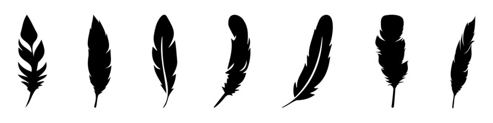 Abstract black bird feather icons. Feather silhouette collection. Elegance feather element decoration. Feather icons - obrazy, fototapety, plakaty
