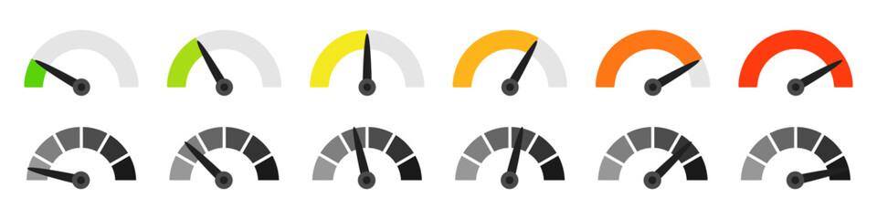 Set of gauge measuring indicator icons. Speedometer, measure indicator, gauge meter icon collection. Set of scale, level of performance