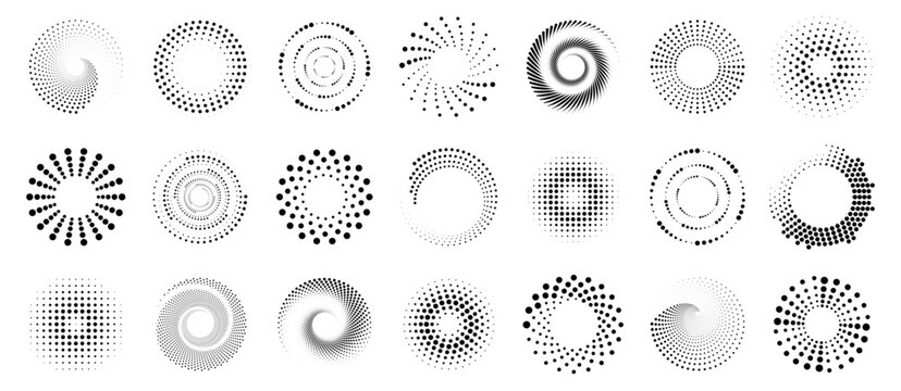 Set of spiral motion elements, black isolated objects, vectors