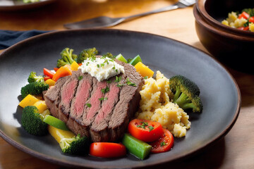 Beef steak with potatoes and vegetables on a white plate. Restaurant. Generative AI