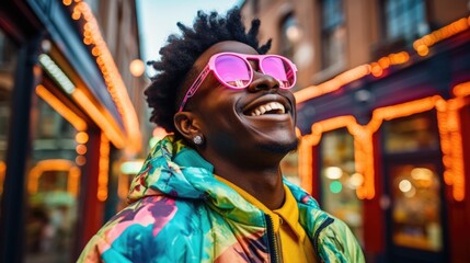 Smiling happy young man in cool colorful neon outfit. Extravagant style, fashion concept background